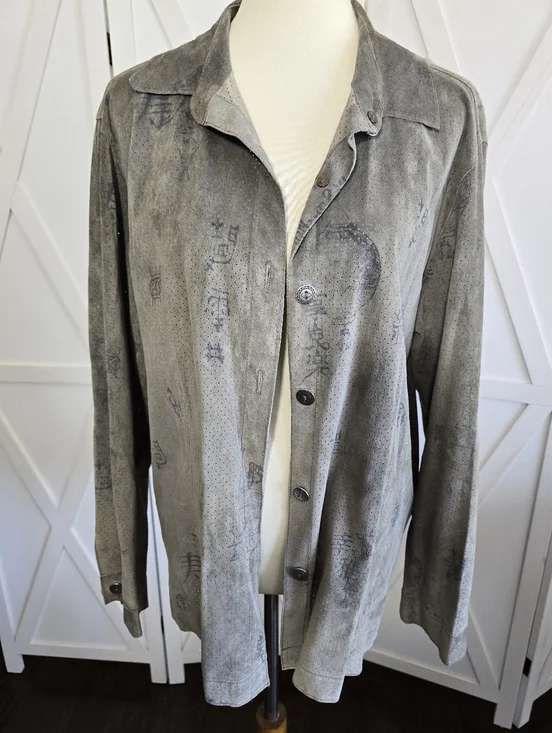 Chico’s Vintage Long-Sleeve Asian Calligraphy Print Suede Leather Shirt-Jacket - Picture 7 of 10